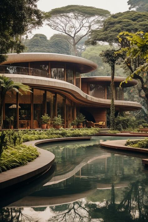 Curved modern home built with natural materials, overlooking a bio pool, surrounded by the lush greenery of a dense jungle. Curve Building, Biophilic Architecture, Concept Models Architecture, Eco Architecture, House In Nature, Casa Exterior, Architecture Design Concept, Natural Building, Organic Architecture