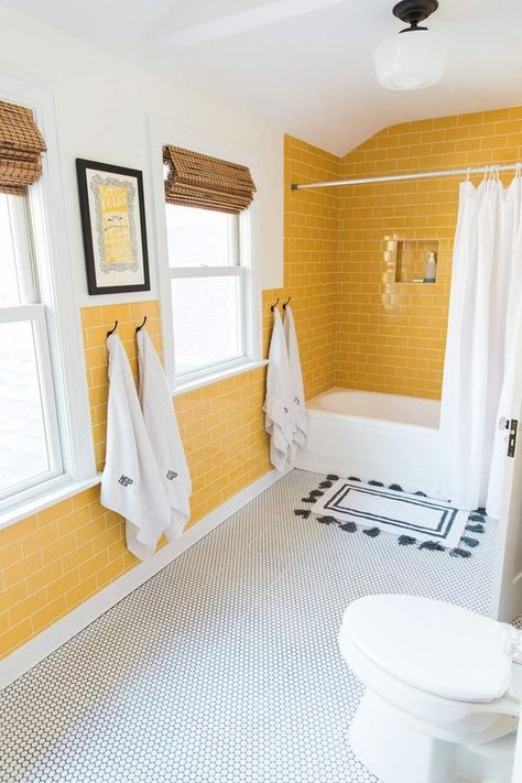 Yellow Tile Bathroom, Yellow Bathroom Decor, Top Bathroom Design, Yellow Bathroom, Yellow Tile, Bad Inspiration, White Appliances, Yellow Bathrooms, Design Sponge