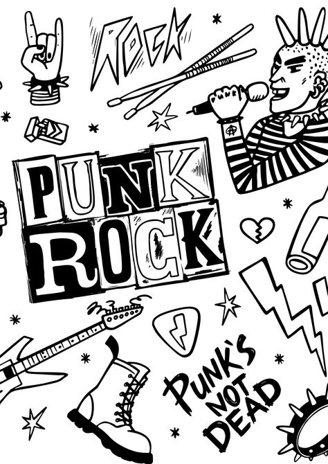 2 Printable Coloring Pages-Punk Rock Music, Guitar Bank, Heavy Metal Rock Coloring Pages pdf -All Ages, Adults by HartfordHustlePrints on Etsy Punk Art Drawings, Punk Doodles, Punk Tattoo Ideas, Rock Doodles, Punk Rock Tattoos, Punk Rock Art, Punk Tattoos, Punk Drawing, Band Artwork