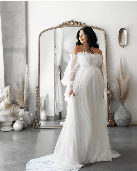 Happy Monday ! Shop the Grace gown available in white and dusty pink . AnyutaCouture.com Tulle Baby Shower, Elegant Photoshoot, Designer Aesthetics, Vestidos Para Baby Shower, Maternity Photoshoot Dress, Off Shoulder Tulle, Pregnancy Wear, Baby Shower Gown, Arabic Wedding