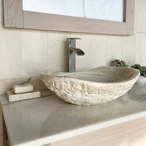 Travertine Chiseled Stone Bathroom Vessel Sink. Oval Canoe Shape. 100% Natural Marble, Hand Carved. Free Matching Soap Tray Travertine Bathroom, Stone Vessel Sinks, Bathroom Decor Luxury, Stone Bathroom, Rustic Bathroom Decor, Travertine Stone, Stone Basin, Rustic Bathrooms, Stone Sink