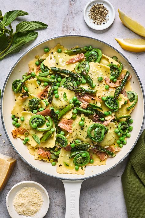 Lemon Butter Ravioli With Roasted Asparagus and Peas | Olive & Mango Dinner Recipes Ravioli, Recipes Ravioli, Asparagus And Peas, Spring Veggies, Homemade Ravioli, Cheese Ravioli, Lemon Butter Sauce, Roasted Asparagus, Lemon Butter