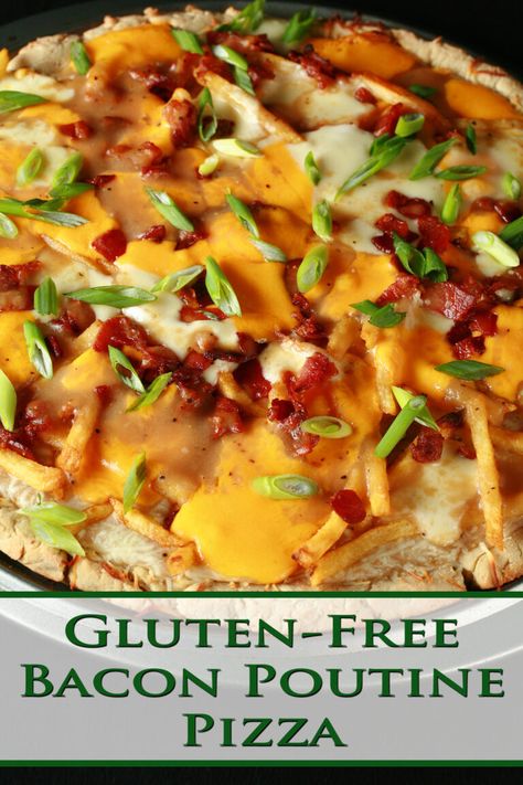 A close up view of a gluten-free bacon poutine pizza - A pizza crust topped with gravy, fries, cheese curds, chredded cheese, bacon, and green onions! Gravy Fries, Fries Cheese, Poutine Recipe, Fried Cheese Curds, Gluten Free Savory, Canadian Recipes, Gluten Free Main Dishes, Gf Flour, Recipes Dairy Free