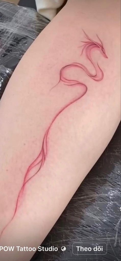 Chinese Fire Dragon Tattoo, Dainty Dragon Spine Tattoo, Red Cybersigilism Tattoo, Red String Theory Tattoo, Red Fineline Tattoo, Red Fire Tattoo, Red Dragon Tattoo For Women, Red Dragon Tattoo Back, Chinese Dragon Tattoos For Women