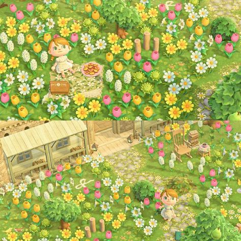 Acnh Flower Field, Acnh Springcore, Animal Crossing Guide, Animal Crossing Wild World, Flower Garden Design, Island Decor, Landscape Designs, Cloth Flowers, Spring Theme