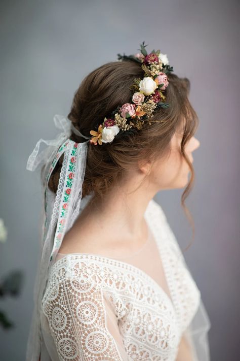 Folk Flower Hair Crown Bridal Flower Hair Wreath With Folk - Etsy Flower Crown Updo, Wedding Dusty Pink, Hair Crown Wedding, Flower Hair Crown, Flower Wreath Hair, Bridal Hair Wreath, Wedding Hairstyles And Makeup, Flower Crown Bridesmaid, Wedding Hairstyles For Medium Hair