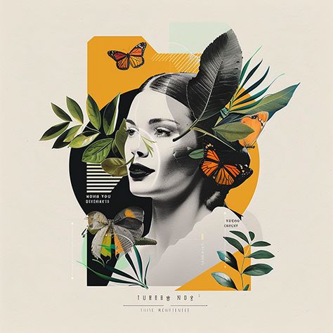 A surreal and quirky portrait featuring a woman's face with butterflies and leaves in an abstract and artistic composition. Vibrant and unique art piece with nature elements.  #ArtsyAF #SurrealVibes #QuirkyArt #CollageMagic #OrangeSlicePortrait #FlowerPower #ProfilePicGoals #ArtisticVision #PinterestInspo #CreativeCollage Portrait With Butterflies, Random Trinkets, Portrait Composition, Showcase Ideas, Artistic Composition, Beach Collage, Surrealist Collage, Popular Artwork, Nature Elements