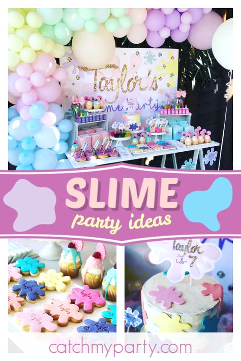 Feat your eyes on this amazing slime themed birthday party! The dessert  table will blow your mind! See more party ideas and share yours at CatchMyParty.com #catchmyparty #partyideas #slimeparty #girlbirthdayparty Slime Theme Birthday Party, Slime Party Food, Slime Birthday Party Food Ideas, Slime Bday Party Ideas, Slime Making Birthday Party Ideas, 8th Birthday Party Girl Themes, Diy Slime Party, Kids Birthday Themes Girls, Slime Birthday Party