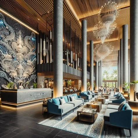 Modern Hotel Lobby Design Luxury, Hotel Lobby Design Luxury, Lobby Plan, Hotel Lobby Reception, Modern Hotel Lobby, Resort Interior Design, Grand Villa, Luxury Hotels Lobby, Pool Hotel