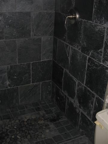 Slate tile shower help - Ceramic Tile Advice Forums - John Bridge Ceramic Tile Black Granite Shower Walls, Slate Tile Shower Walk In, Black Slate Shower Tile, Cleaning Slate Tile Showers, Slate Wall Bathroom, Soapstone Shower Walls, Black Tiled Shower Ideas, Slate Shower Ideas, Dark Shower Tile Ideas