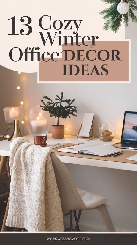 Looking for cozy winter decor inspiration? Add twinkling lights, plush throws, and festive touches to your office or living room. Make every workday feel like a cozy retreat! Hygge At Work, Cozy Cubicle Ideas, Cozy Office Aesthetic, Calming Office Decor, Cozy Office Ideas, Winter Decor Ideas For The Home, Winter Decor Ideas, Workspace Essentials, Cozy Workspace