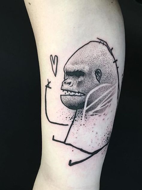 Chimp Tattoo, Gorilla Tattoo Stencil, Tattoo Fixes, Mini Tats, Gorilla Tattoo, Dad Tattoo, Animals Tattoo, Plant Tattoo, Weird Tattoos