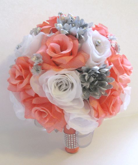 Grey And Coral Wedding, Coral And Silver Wedding, Flowers Bouquet Drawing, Coral And Gray Wedding, Odd Items, Coral Wedding Decorations, Prom Flowers Bouquet, Grey Wedding Decor, Artificial Arrangements