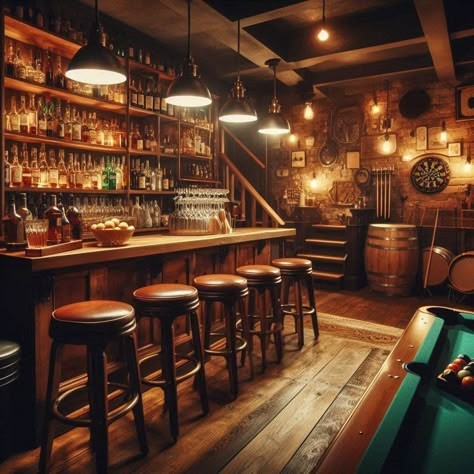 Basement With Bar Basement Irish Pub Ideas, Basement Moody Bar, Small Sports Bar Ideas, Mountain Bar Design, Basement Brewery Ideas, Luxury Basement Bar, Home Pub Room Bar Designs, Bar Interior Design Vintage, Cute Basement Ideas