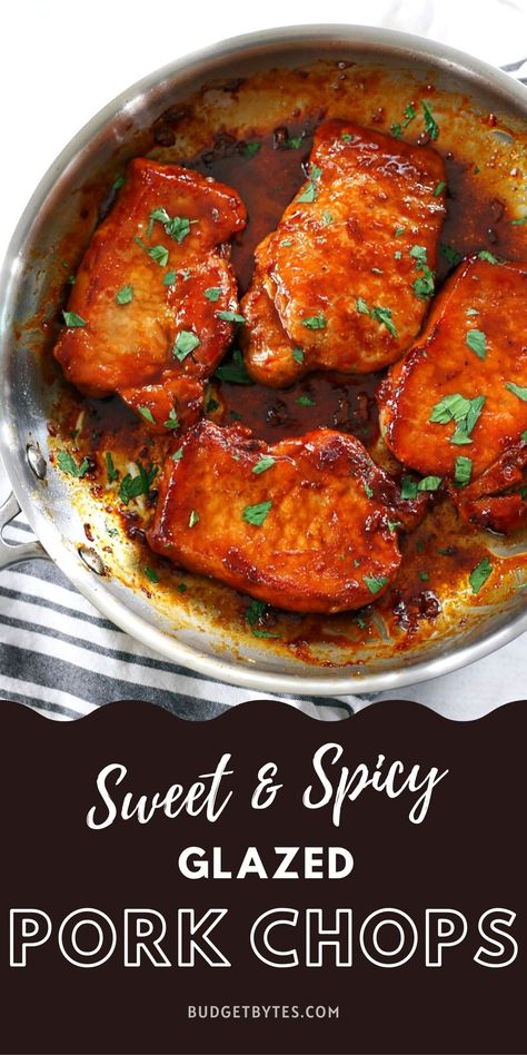 glazed pork chops in a skillet with title text at the bottom Glazed Pork Chops Recipes, Pork Chop Recipes Crockpot, Easy Pork Chops, Pork Chop Recipes Baked, Glazed Pork Chops, Glazed Pork, Pork Glaze, Pork Dinner, Spicy Pork