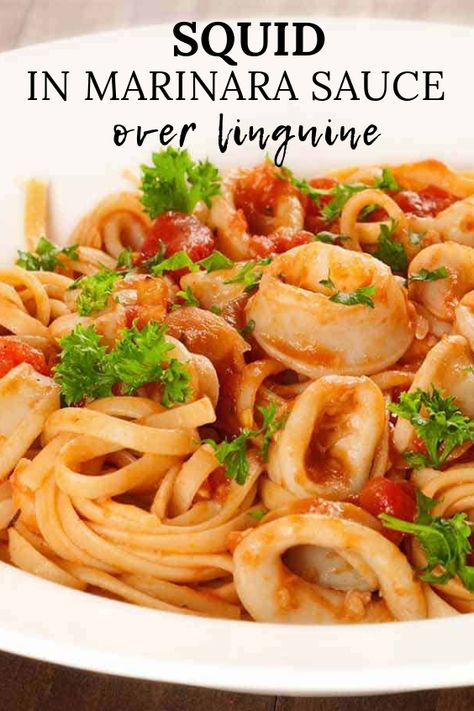 This is one of my all-time favorite pasta dishes! Made with just a few basic ingredients but packed with flavor! Perfect for impressing company. #calamari #squid #pasta #dinner #entertaining #recipe #mygourmetconnection Squid Pasta, Calamari Pasta, Calamari Recipes, Homemade Marinara Sauce, Squid Recipes, Food Seafood, Easy Pasta Dinner, Seafood Pasta Recipes, Best Seafood Recipes