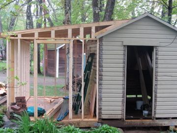 Add On To Shed, Shed Add On Ideas, Shed Addition Ideas, Shed Addition, Barn Shed Ideas, 8x12 Shed, Lake Deck, 12x24 Shed, Mid Modern House