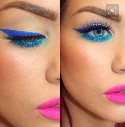 Neon festival make up 80s Eye Makeup, Makeup Bibir, 80s Hair And Makeup, Extreme Make-up, Neon Festival, 1980s Makeup, Party Make-up, 80s Makeup, Blue Eyeliner