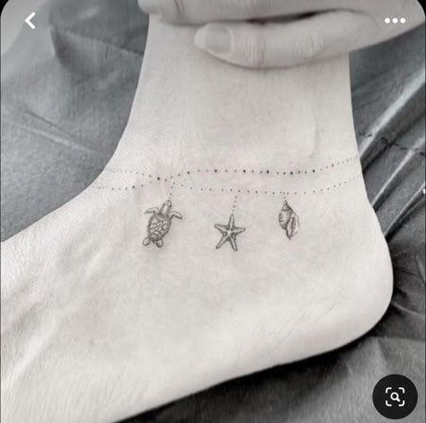 Dainty Sea Tattoos, Beach Tattoo Ideas Ankle, Beachy Anklet Tattoos, Subtle Ocean Tattoo, 3 Starfish Tattoo, Tiny Turtle Tattoo Simple, Ocean Anklet Tattoo, Turtle Anklet Tattoo, Small Hawaii Tattoo Ideas