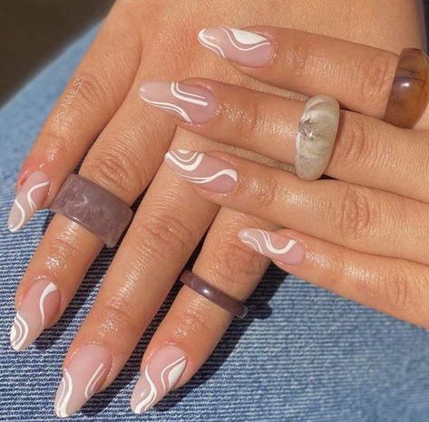 Nails pastel swirl summer nails acrylic nude white summer nails 2021 #nail ideas #naildesign #coffinnails Summer Nails Acrylic, Line Nail Designs, White Summer Nails, Nails Pastel, White And Silver Nails, White Glitter Nails, Homecoming Nails Acrylic, White Acrylic Nails, Lines On Nails