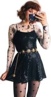 Star Fashion Clothes, Astrology Witch Outfit, Moon Witch Aesthetic Outfit, Moon Core Aesthetic Outfits, Moon Witch Outfit, Moon Themed Clothes, Astrology Aesthetic Outfit, Layered Mesh Top Outfit, Star Theme Outfit