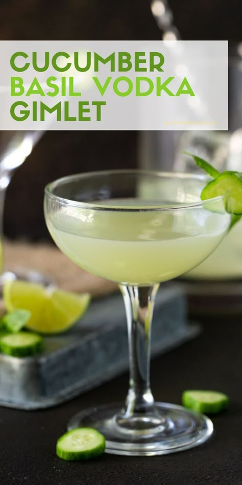 Vodka Gimlet Recipe, Cucumber Gimlet, Food Recipes Vegetarian, Vodka Gimlet, Cucumber Basil, Gimlet Recipe, Cocktail Vodka, Cucumber Vodka, Spring Cocktails Recipes