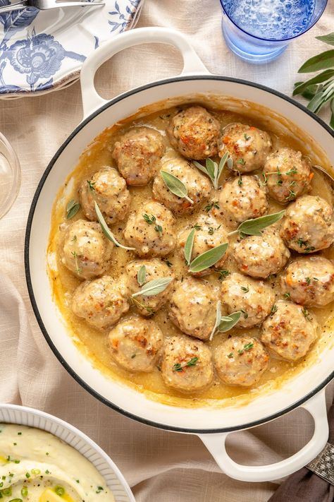 Thanksgiving Turkey Meatballs | So Much Food Turkey Thanksgiving Meatballs, Turkey Meatball Sauce Recipes, Turkey Meatballs Dinner Ideas, White Meatballs, Turkey Meatballs And Gravy, Thanksgiving Meatballs, Turkey Meatball Sauce, Turkey Meatball Recipes, White Wine Gravy