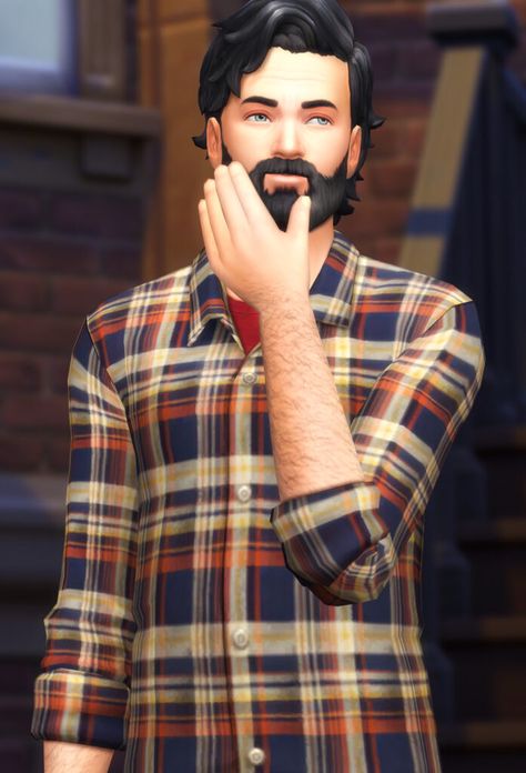 A male sim from The Sims 4 who is wearing an orange, blue, and yellow flannel as their sims 4 cc male shirts. a great sims 4 cc flannel shirt #TheSims4 Sims 4 Cc Flannel Shirt Male, Ts4cc Male, Sims 4 Male, Male Sims, Sims 4 Male Clothes, Sims Inspiration, Clothes Cc, Male Clothes, Male Clothing