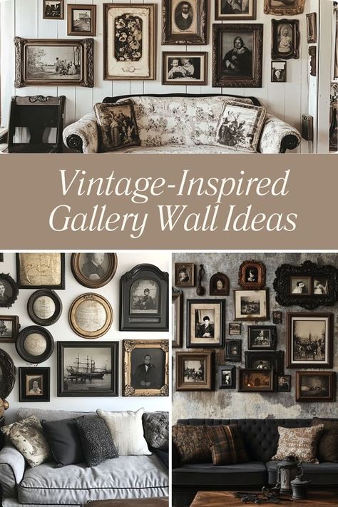 Create a vintage-inspired gallery wall with antique frames and nostalgic decor. #GalleryWall #VintageDecor #WallArt Wall Medallion Decor Ideas, Victorian Gallery Wall Ideas, Gallery Wall Around Window, Vintage Photo Wall Ideas, Vintage Picture Wall Ideas, Moody Gallery Wall Ideas, Vintage Wall Gallery, Vintage Wall Collage Ideas, Picture Gallery Wall Ideas