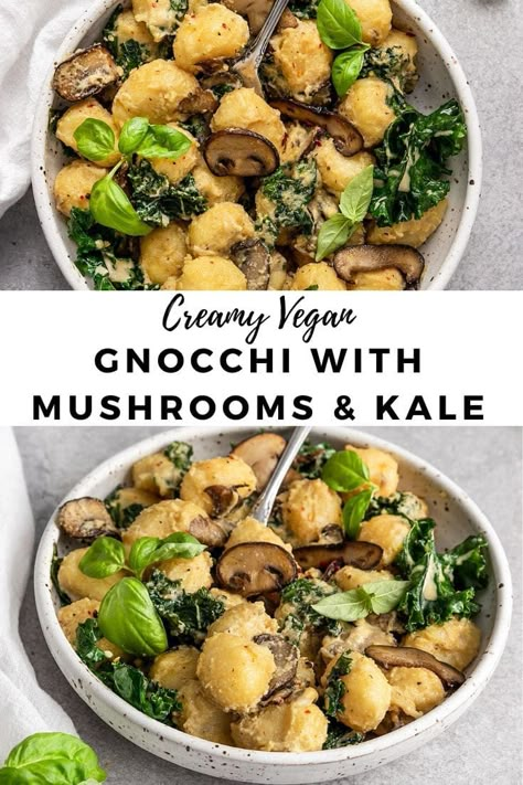 Vegan Garlic Sauce, Gnocchi With Mushrooms, Vegan Cashew Cream, Mushroom Gnocchi, Crispy Mushrooms, Vegan Gnocchi, Garlic Pasta Sauce, Cashew Cream Sauce, Sautéed Kale