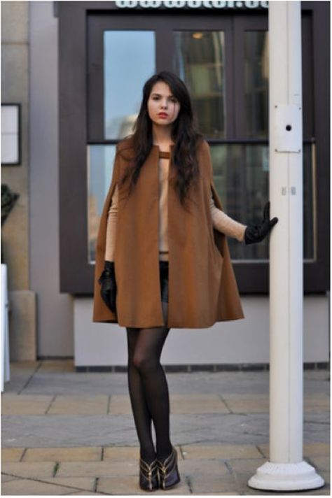 love the coat with the gloves! Brown Cape, Cape Outfit, Fall Outerwear, Zara Coat, Cape Coat, Fashion Tips For Women, High Fashion Street Style, Daily Fashion, Cashmere Sweaters