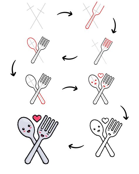 Cute spoon fork Easy And Cute Drawings, Fork Drawing, Spoon Drawing, Draw Kawaii, Minecraft Drawings, Fruits Drawing, Easy Drawing Tutorial, Butterfly Drawing, Drawing Tutorial Easy