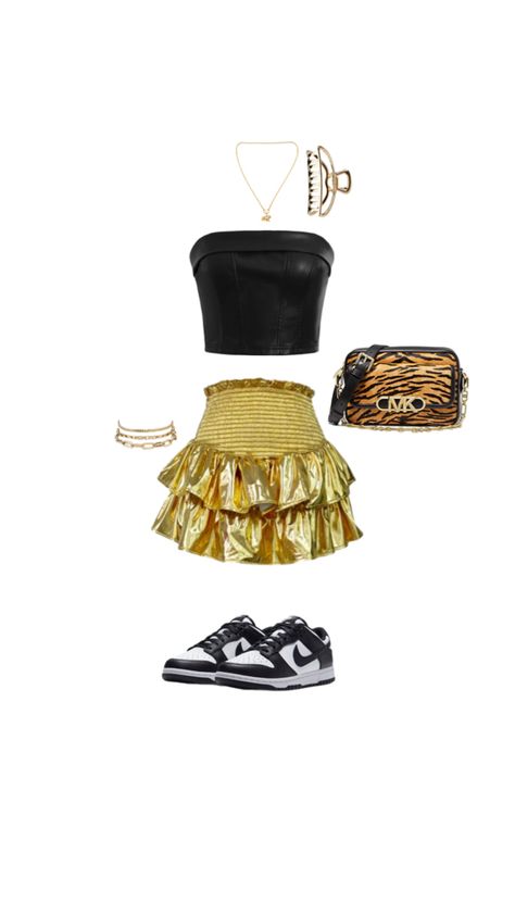 College Football inspo | black and gold school outfit Gameday Outfit, School Outfit, College Football, Black And Gold, Football, Gold, Black, American Football