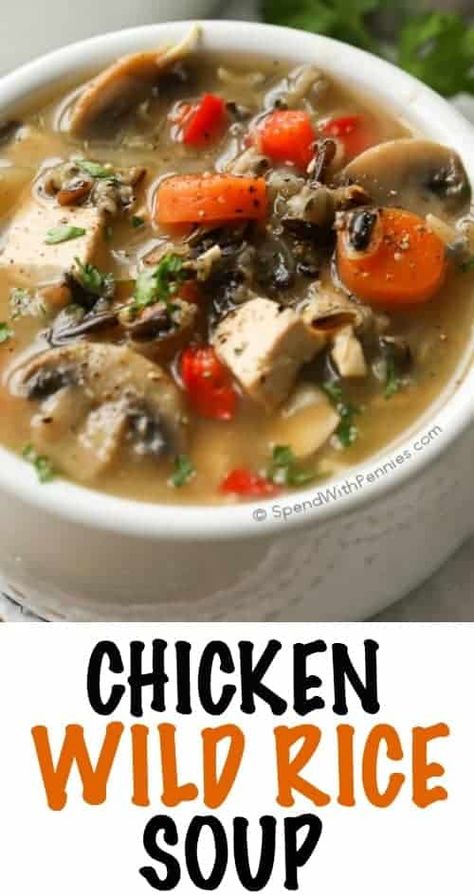 Chicken Wild Rice Soup (no cream) Chicken And Wild Rice Soup, Creamy Soups, Wild Rice Soup Recipes, Chicken Wild Rice, Creamy Mushroom Chicken, Chicken Wild Rice Soup, Rice Soup Recipes, Dinner Rotation, Chicken And Wild Rice