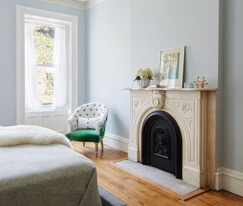 Master bedroom in a Brooklyn brownstone remodel (from apartments to single family house) by architect Drew Lang | Remodelista Farrow And Ball Borrowed Light, Carroll Gardens Brooklyn, Brooklyn Townhouse, Borrowed Light, Street Townhouse, Brooklyn Brownstone, Bedroom Pendant, Pendant Lighting Bedroom, Farrow And Ball