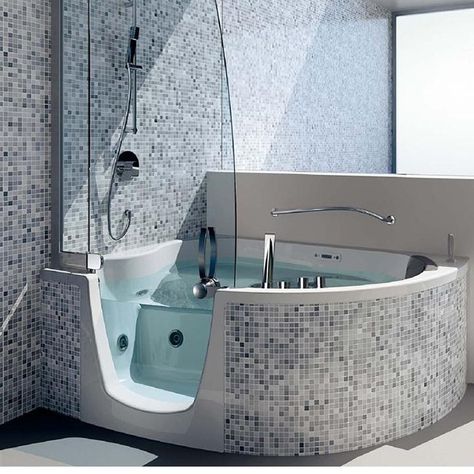 Corner Bathtub Shower Combo, Corner Bathtub Shower, Futuristic Bathroom, Bathroom Tub Shower Combo, Bathtub Shower Combo, Shower Tub Combination, Bathroom Tub Shower, Japanese Soaking Tubs, Walk In Tubs