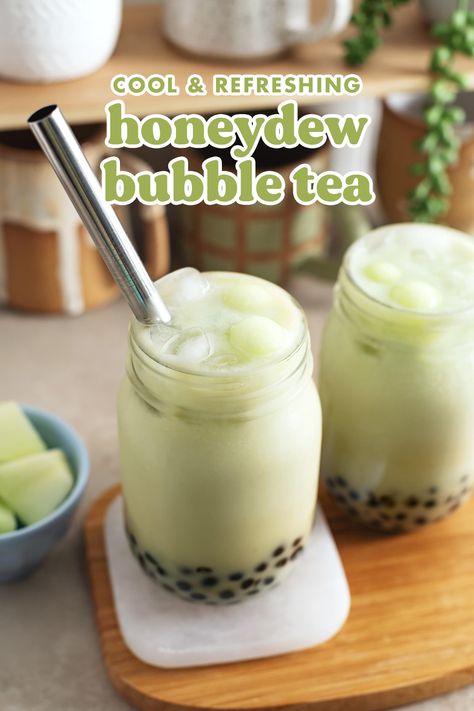 This honeydew bubble tea is the perfect cool and refreshing drink for the summer made with fresh honeydew and chewy tapioca boba pearls. #bubbletea #boba #honeydew | teakandthyme.com Honeydew Boba Tea, Fruit Tea Boba, Honeydew Boba, Honeydew Milk Tea, Bubble Tea Straws, Make Brown Sugar, Bubble Tea Recipe, Charlotte Cake, Dairy Free Treats