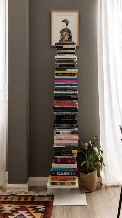 Book Stack Shelf, Bookshelf In Apartment, Book Shelf Bedroom, Book Shelves Aesthetic, Book Display Ideas, Slim Bookshelf, Vertical Bookshelf, Book Tower, Redecorate Bedroom