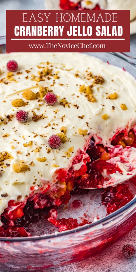 Deck out your holiday table with this tangy, cold Cranberry Jello Salad! It's bursting with fruit flavor and topped with a sweet and fluffy cream cheese layer—a sweet side no one can resist! Jello Salad With Cream Cheese, Fresh Cranberry Salad, Layered Jello Recipe, Strawberry Jello Salad, Jello Pretzel Salad, Cranberry Jello Salad, Lime Jello Salads, Cranberry Salad Recipes, Congealed Salad