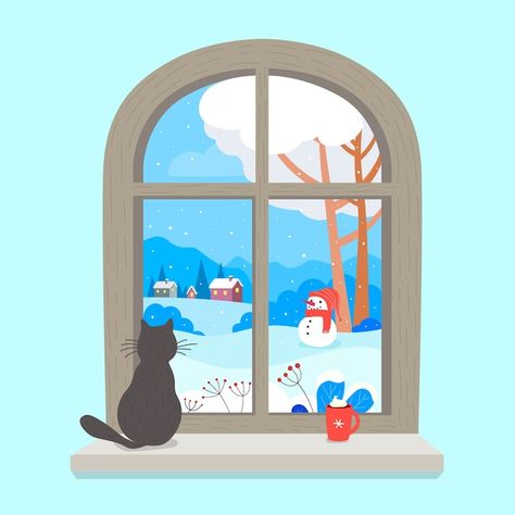 Free vector hand drawn winter window ill... | Free Vector #Freepik #freevector #snow-window #winter-window #winter-illustration #winter-season Snow Window Art, Snow Window, Winter Vector, Scene Ideas, Window Illustration, Winter Window, Cat Window, Winter Illustration, Winter Nature