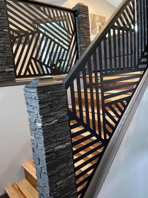 Geometric Railing Insert DXF File - Etsy Iron Hand Rails For Stairs, Loft Stair Railing Ideas, Hand Rails For Stairs Modern, Black Staircase Railing, Opening Up Staircase Wall, Steel Handrail Design, Modern Stair Railing Ideas, Banisters And Railings, Stairs Railing Design