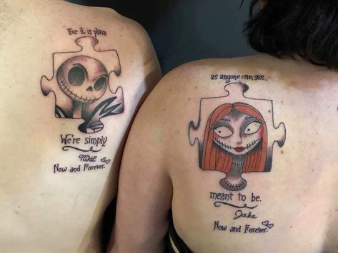 Couple Tattoo Heart, Couple Tattoo Quotes, Skull Couple Tattoo, Him And Her Tattoos, Couple Tattoos Love, Chicanas Tattoo, Jack Y Sally, Nightmare Before Christmas Tattoo, Cute Couple Tattoos