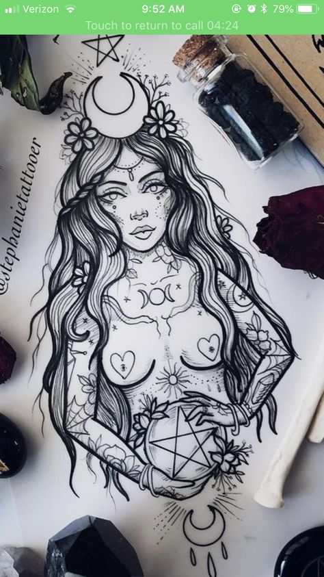 Wiccan Tattoos, Mystical Tattoos, Witch Tattoo, Goddess Tattoo, Gothic Tattoo, Spiritual Tattoos, Tattoo Art Drawings, Dope Tattoos, Tattoo Design Drawings