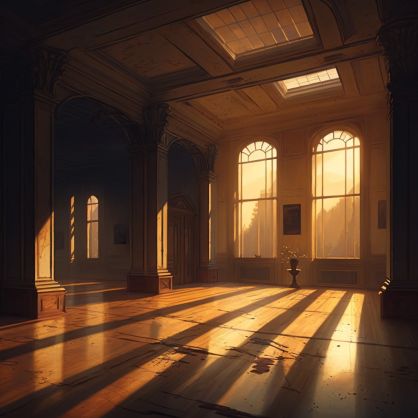 A captivating image of an enigmatic scene that captures the mysterious allure of the forbidden top floor in a university building. The golden-hour light casting long shadows and emphasizing the eerie silence that pervades the abandoned space creates a haunting atmosphere. The image's realistic depiction makes the viewer feel like they are in the scene, adding to its allure. Light Study Reference Environment, Golden Hour Lighting Reference, Room Lighting Reference, Golden Hour Aesthetic Room, Light Coming Through Window, Dramatic Lighting Art, Light Through Window, Atmospheric Interior, Candle Light Room