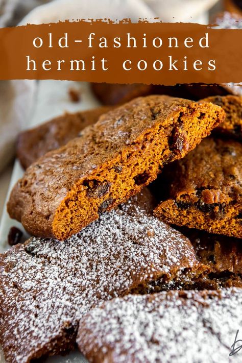 Filled with spices and flavored with molasses, hermit cookies are an old-fashioned New England recipe that's easy to make! Hermit Cookies With Molasses, Hermit Bars Recipes, German Molasses Cookies, Spiced Cookies Christmas, Hermit Cookies Recipe, Hermits Cookies Old Fashioned, Hermit Cookies Old Fashioned, Hermits Cookies, Recipe For Hermits