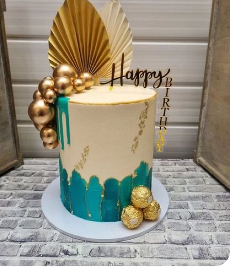 Teal And Gold 50th Birthday, Turquoise Birthday Cake For Women, Different Cakes Designs, Dark Teal Birthday Cake, 3 Kg Cake Design, Teal And Gold Birthday Cake, Teal Birthday Cake For Women, Colourful Cake Designs, 31st Birthday Cake For Women