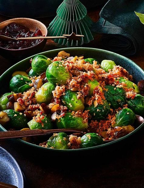 Sprouts with crispy bacon crumbs and chestnuts recipe | Sainsbury's Magazine Chestnut Recipes, Bubble And Squeak, Xmas Dinner, Curry Spices, Cooking Advice, Sprouts With Bacon, Delicious Magazine, Sprout Recipes, Brussels Sprouts Recipe