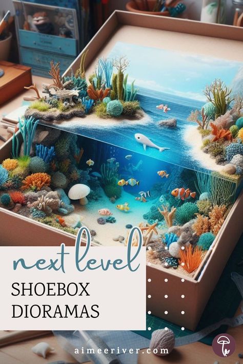 Shoebox diorama mini craft with an oceanic scene combining an underwater view and coastal scenery Desert Biome Diorama, Shoe Box Diorama Ocean, Ocean Box Project, Mountain Diorama Shoebox School Projects, Diorama Box Ideas, Glovebox Diorama, Lake Diorama Project, Desert Habitat Diorama, Diorama Shoebox Ideas