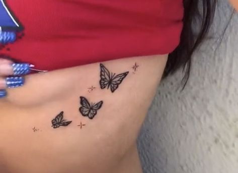 Tattoo For Underboob, Butterfly Tattoo In Between Breast, Cool Underboob Tattoo, Butterfly On Ribs Tattoo, Small Butterfly Tattoo On Ribs, Butterfly Rib Tattoos For Women, Tattoos For Underboob, Sternum Tattoo Women Butterfly, Cute Underboob Tattoo