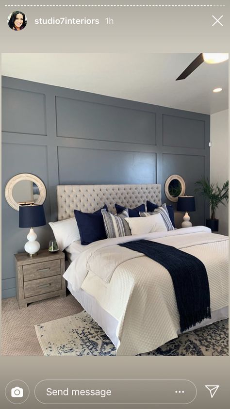 Blue And Grey Bedroom Ideas, Blue And Grey Bedroom, Blue Bedroom Colors, Grey Bedroom Ideas, Feature Wall Bedroom, Grey Bedroom Decor, Wall Panels Bedroom, Bedrooms Decor, Bedroom Wall Colors